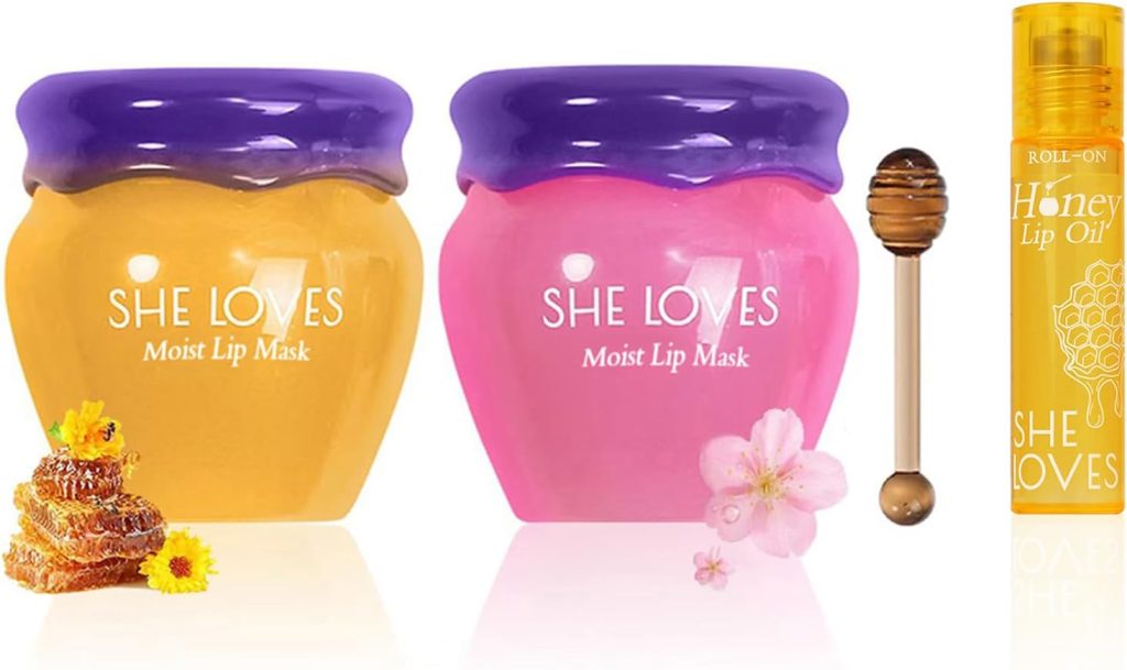 2PCS Lip Mask Overnight, Honey&Sakura Day and Night Repair Sleeping Lip Balm, Fade Lip Lines Bee Balm, Hydrating &Prevention Dry and Crack Lip Scrubs Exfoliator